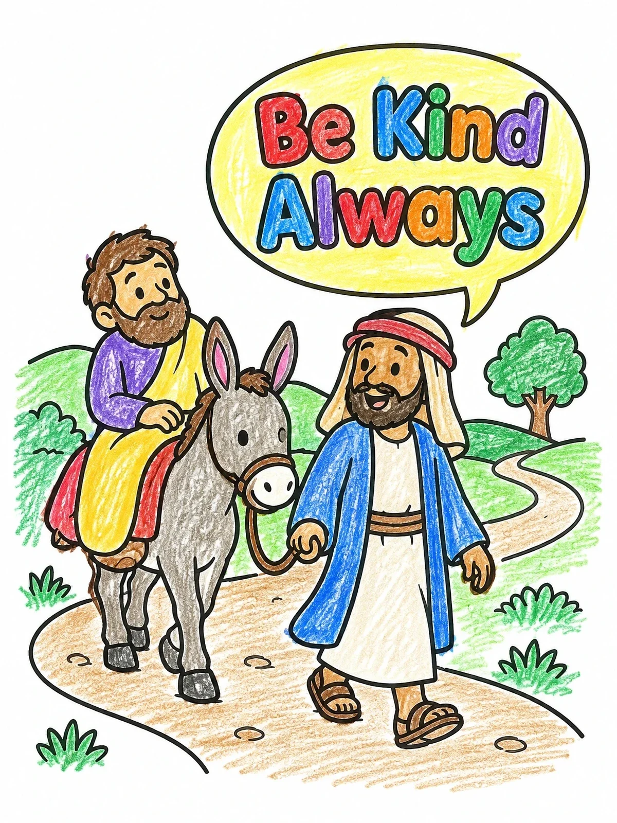Colored example of the The Good Samaritan Leading Donkey coloring page