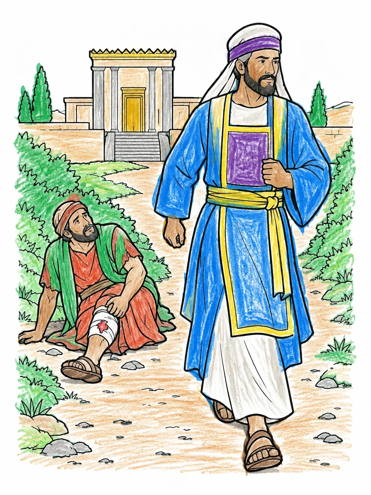 Colored example of the Levite Passing The Injured Traveler coloring page