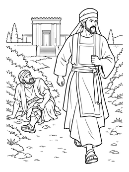 A Levite walking away on this detailed good samaritan coloring page with an injured man.