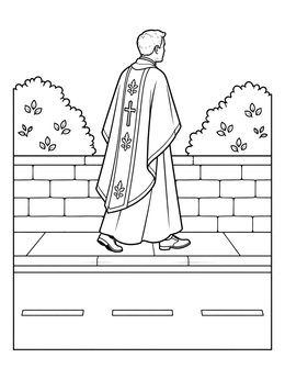 A good samaritan coloring page showing a priest in ceremonial vestments walking along a sidewalk.