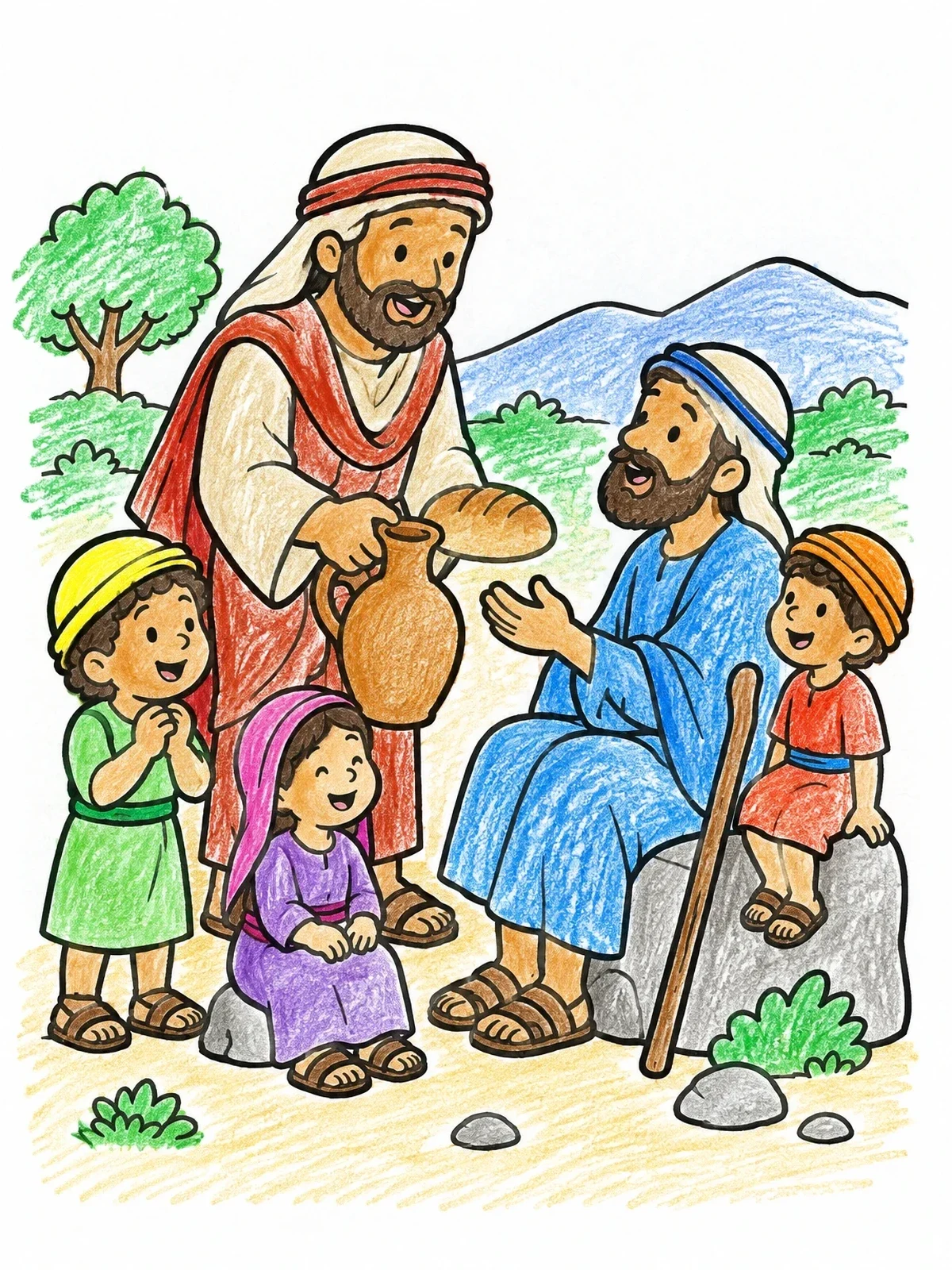 Colored example of the Good Samaritan Sharing Bread And Water coloring page