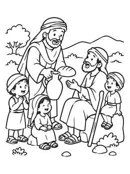 A friendly good samaritan coloring page showing a man offering bread and water to a traveler and children.