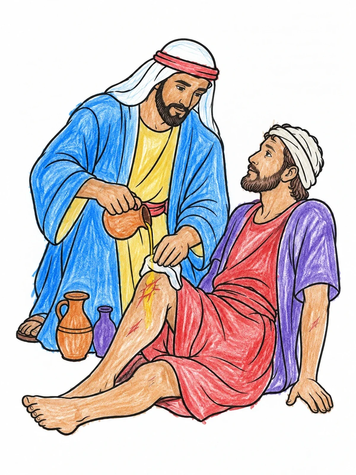 Colored example of the Good Samaritan Tending To Traveler coloring page