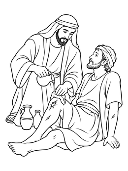 A good samaritan coloring page depicting a kind man pouring soothing oil on an injured traveler.