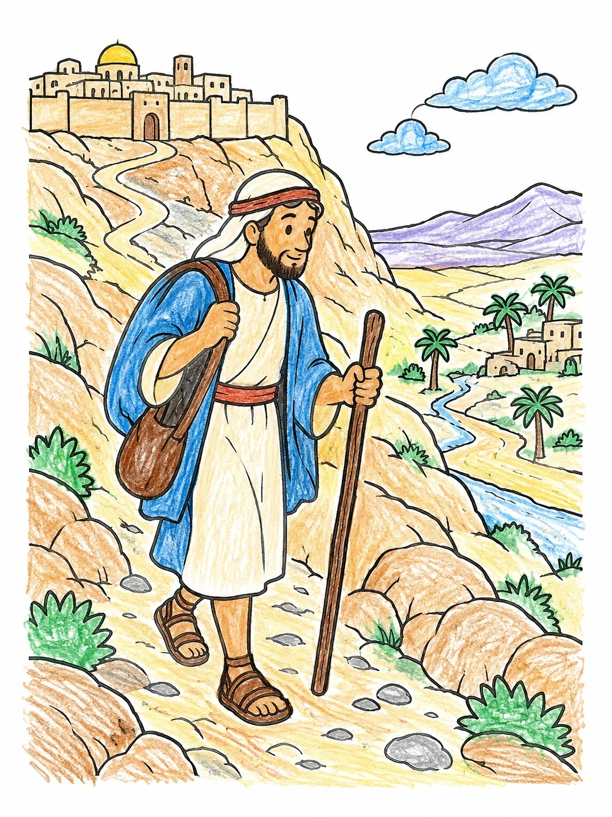 Colored example of the Traveler On The Road To Jericho coloring page