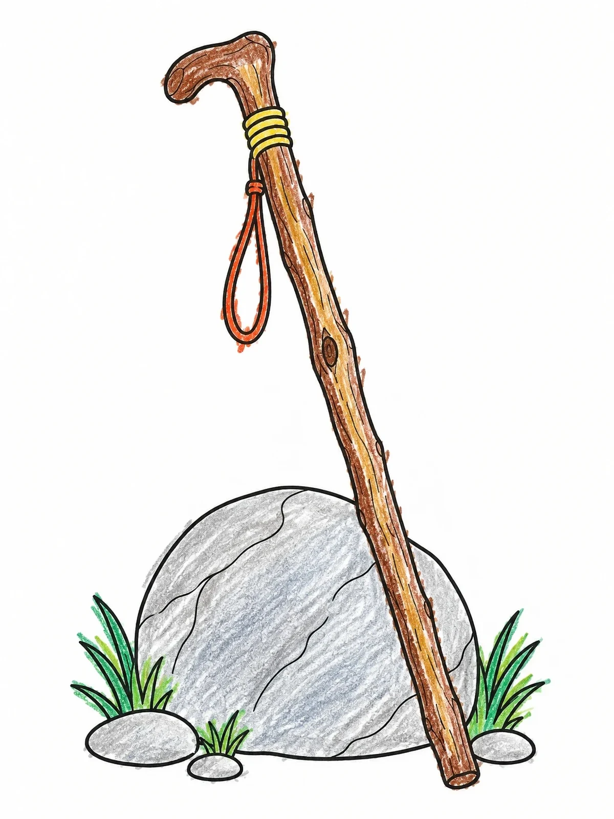 Colored example of the Traveler Walking Staff By A Rock coloring page