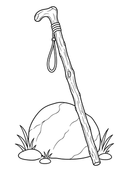 A traveler's wooden walking stick leans against a stone in this good samaritan coloring page.