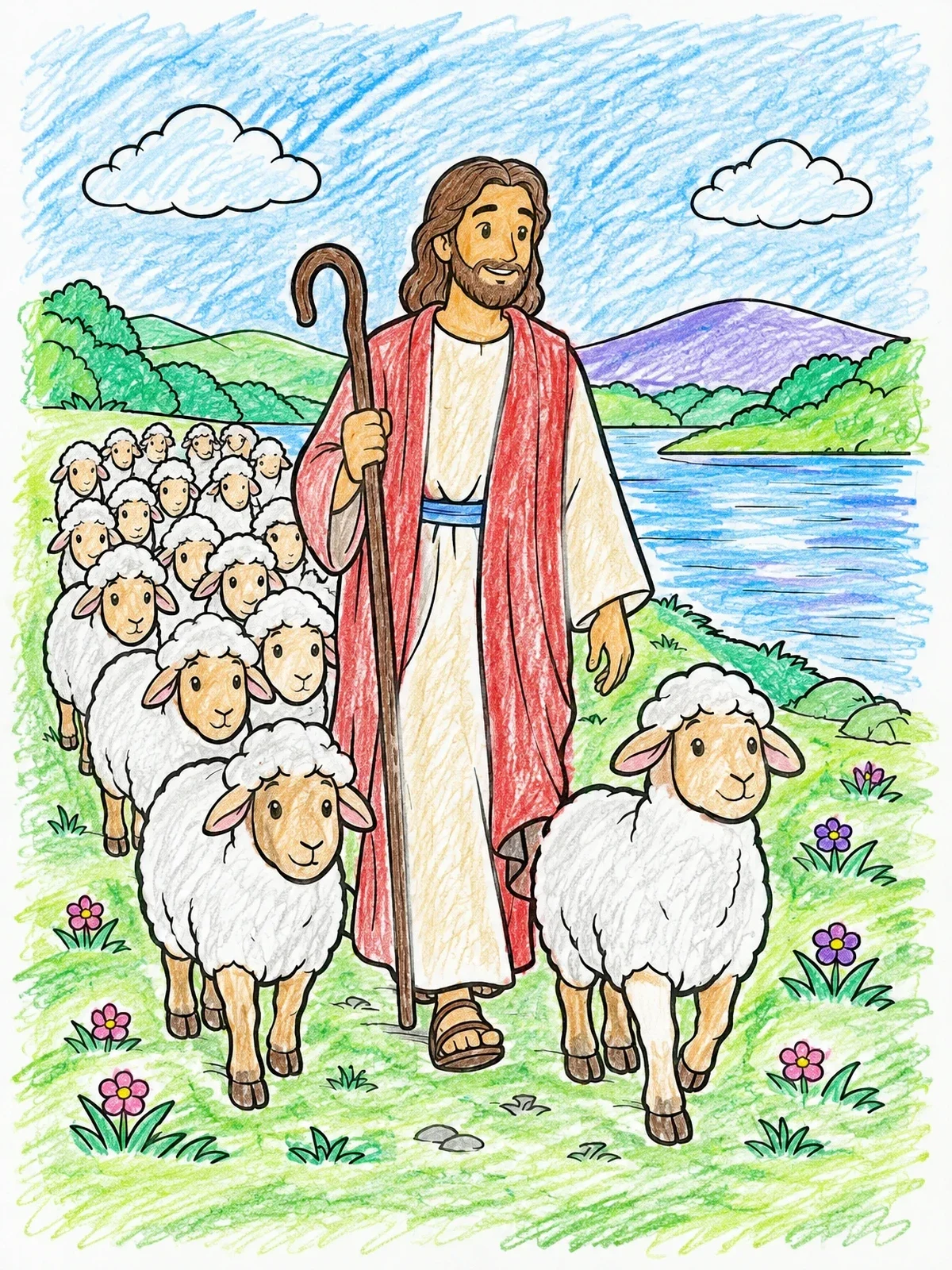 Colored example of the The Good Shepherd And His Flock coloring page
