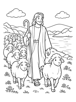 A shepherd coloring page featuring the Good Shepherd walking peacefully beside a calm river with his cute flock.