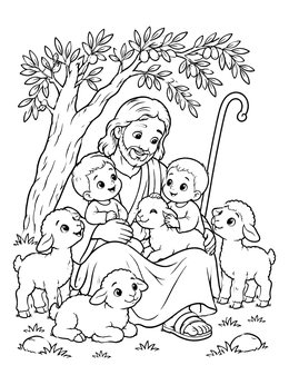 Gentle shepherd coloring page with happy babies and fluffy lambs under an olive tree.