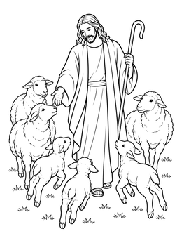 Jesus as the shepherd coloring page surrounded by playful lambs and sheep in a field.