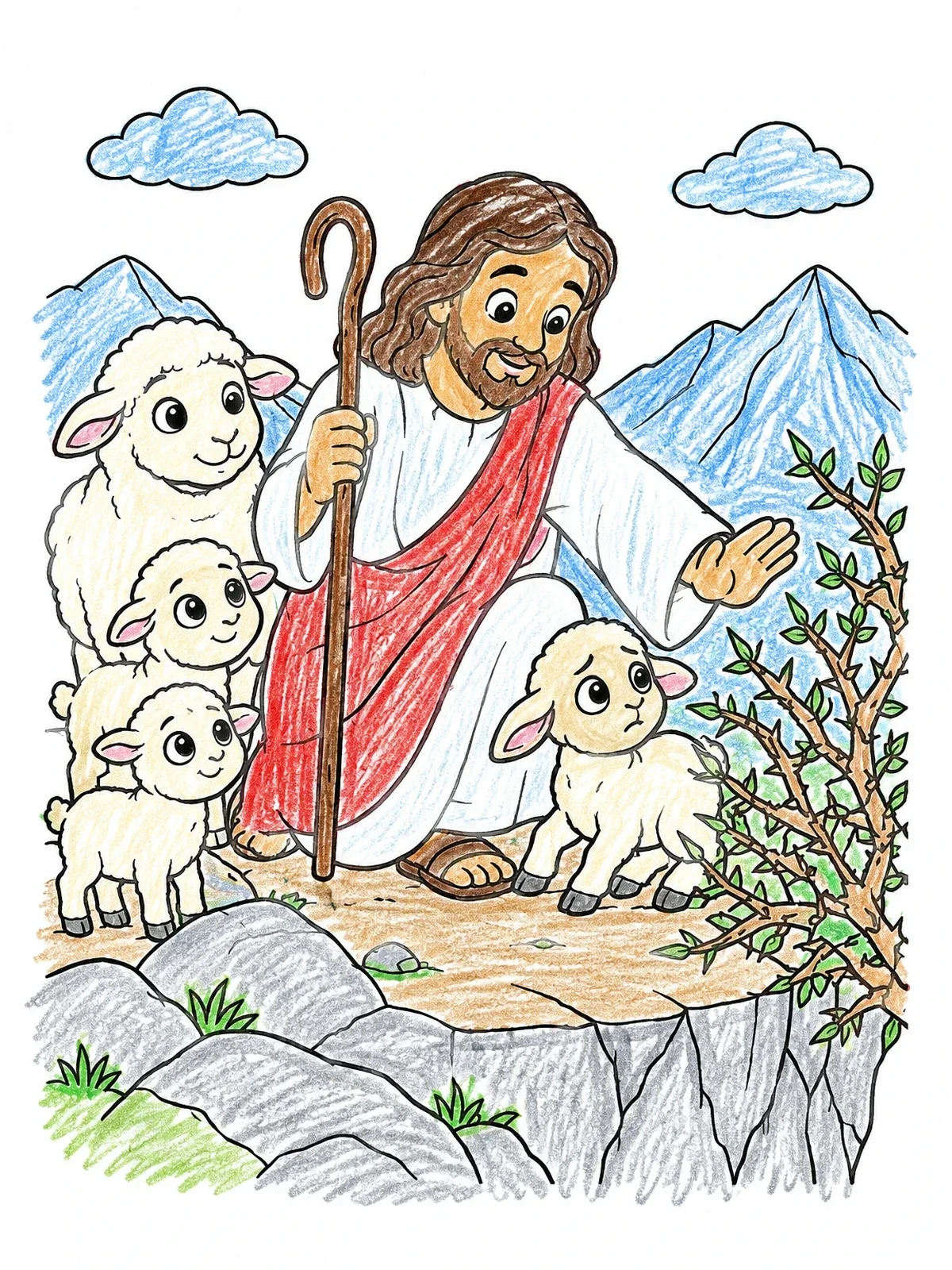 Colored example of the The Good Shepherd Protecting Lamb coloring page