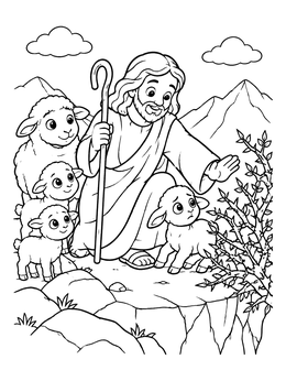 A kind shepherd coloring page showing Jesus guiding a little lamb away from a thorny bush.