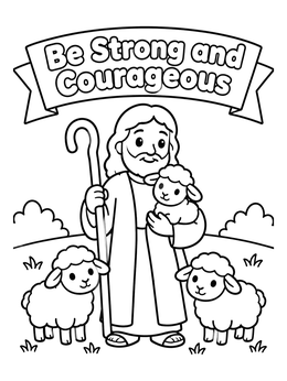 Good Shepherd holding a lamb in a cute bible coloring page with cheerful sheep.
