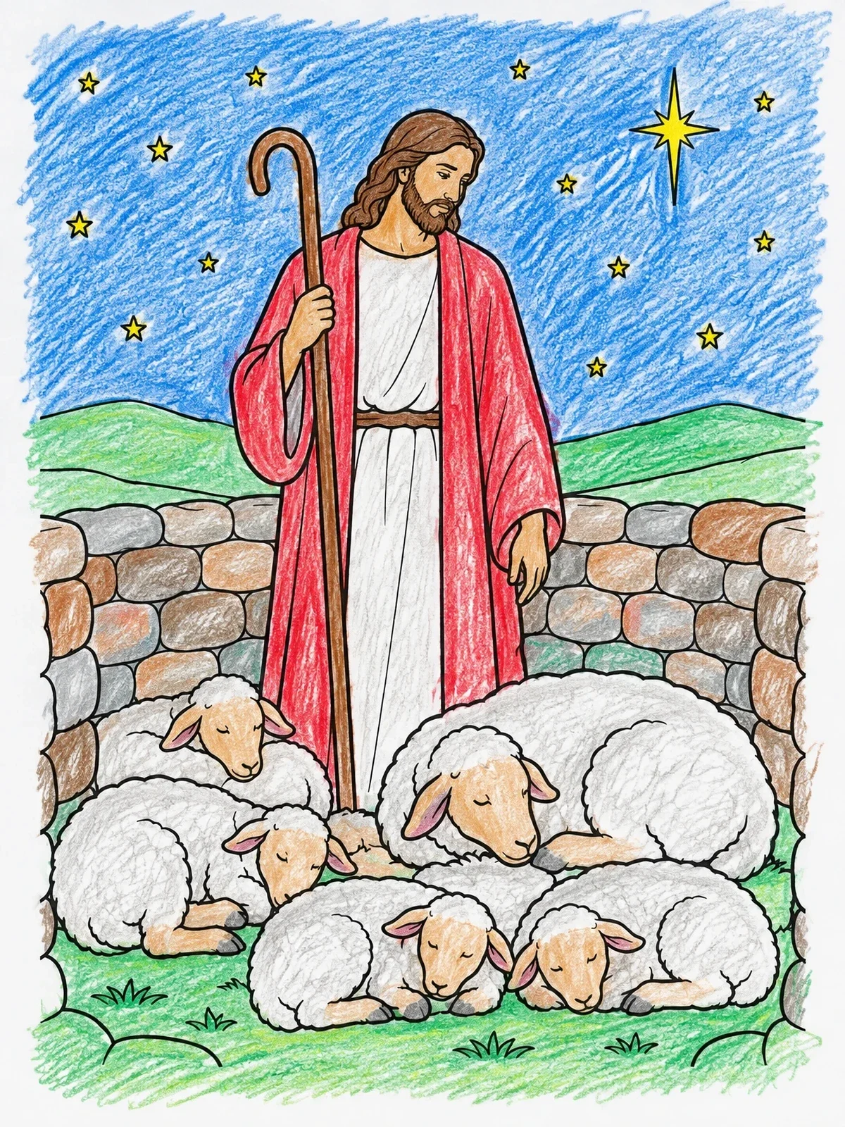 Colored example of the Good Shepherd Watching Sleeping Sheep coloring page