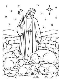 A shepherd coloring page featuring a man watching over resting sheep under a starry night sky.