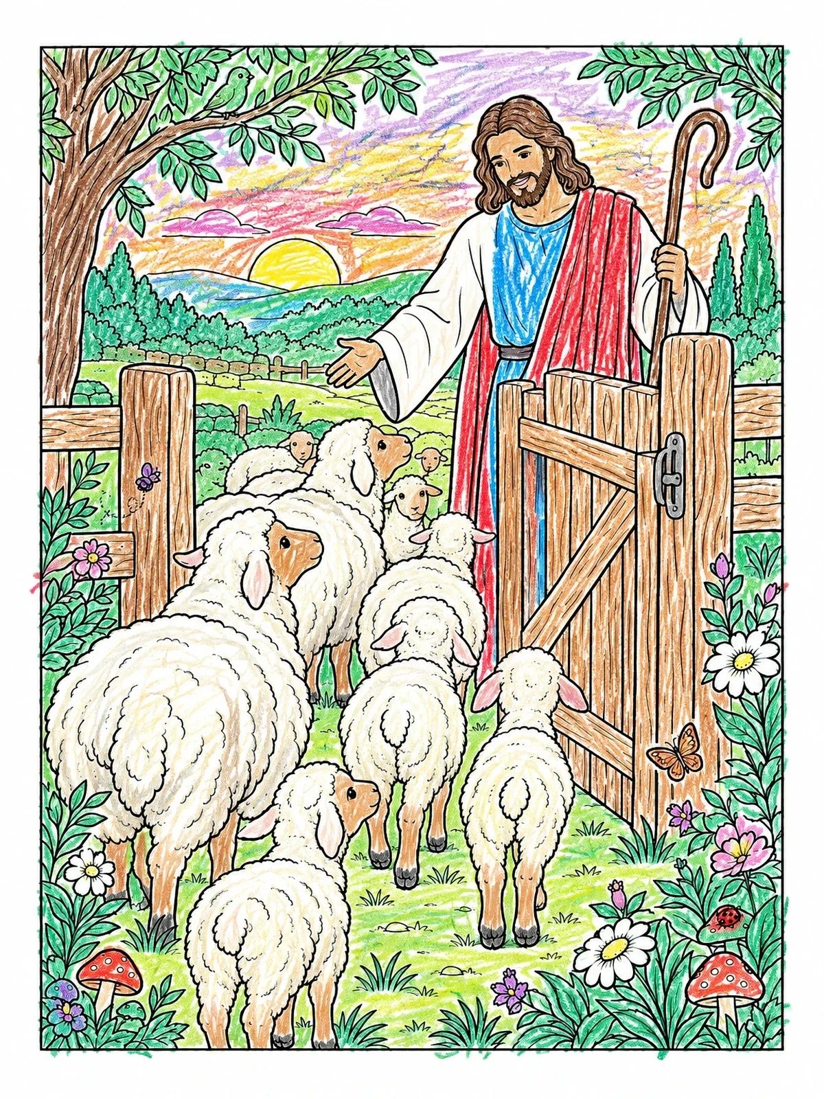 Colored example of the The Good Shepherd At The Gate coloring page