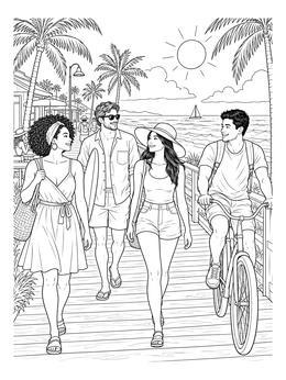 A sunny good vibes coloring page of happy friends walking and cycling on a coastal boardwalk.