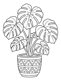 Lush monstera plant in a patterned ceramic pot on this good vibes coloring page.