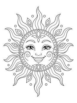 A cheerful smiling sun with wavy rays in this good vibes coloring page.