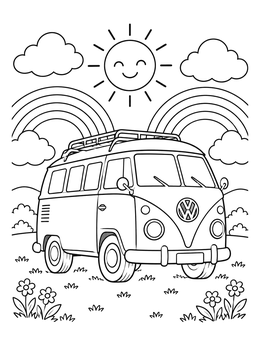 A vintage camper van sits under a cheerful smiling sun and rainbows in this good vibes coloring page.