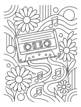 A retro cassette tape with musical notes and daisies in a good vibes coloring page.