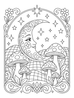 A serene crescent moon among retro mushrooms in this good vibes coloring page.