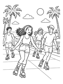 Free printable Roller Skating On The Beach Boardwalk coloring page