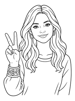 A smiling young woman making a peace sign on this good vibes coloring page.