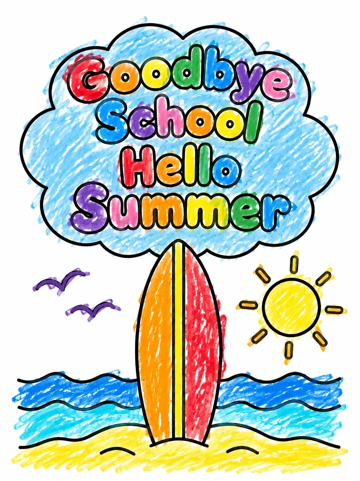 Colored example of the Goodbye School Hello Summer Surfboard coloring page