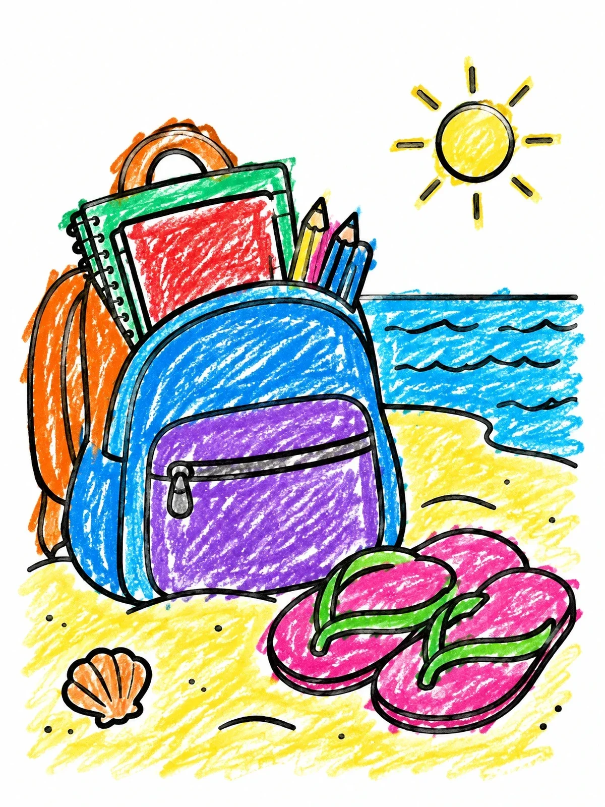 Colored example of the Backpack And Flip Flops On Beach coloring page