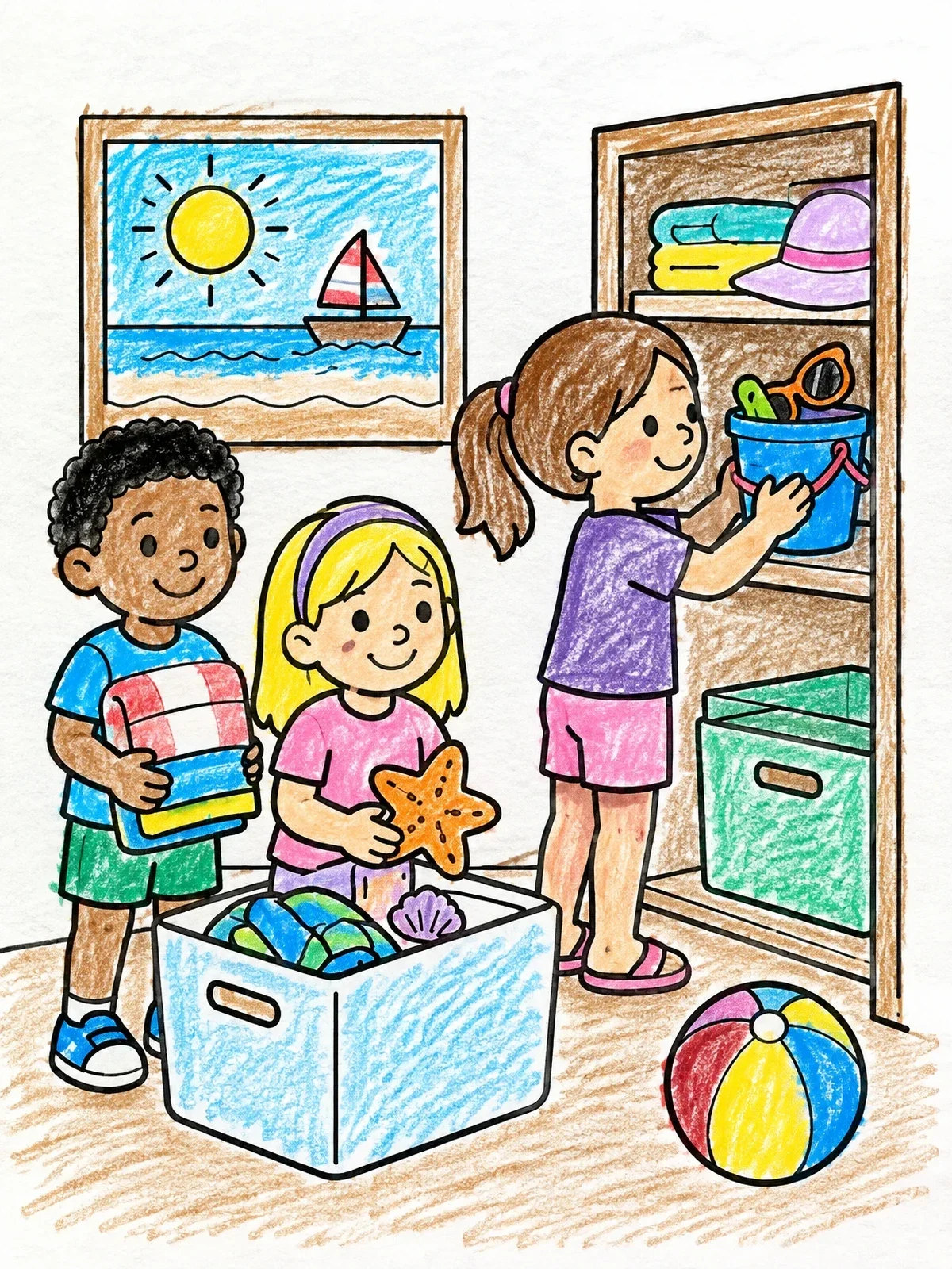 Colored example of the Children Packing Summer Beach Gear coloring page