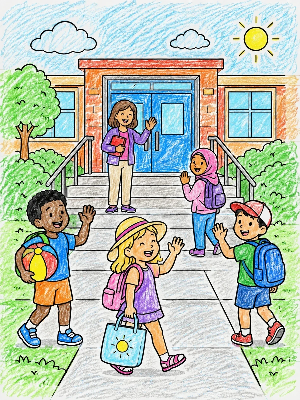 Colored example of the Children Arriving At School Entrance coloring page