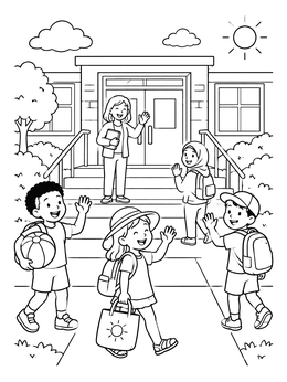 Free printable Children Arriving At School Entrance coloring page