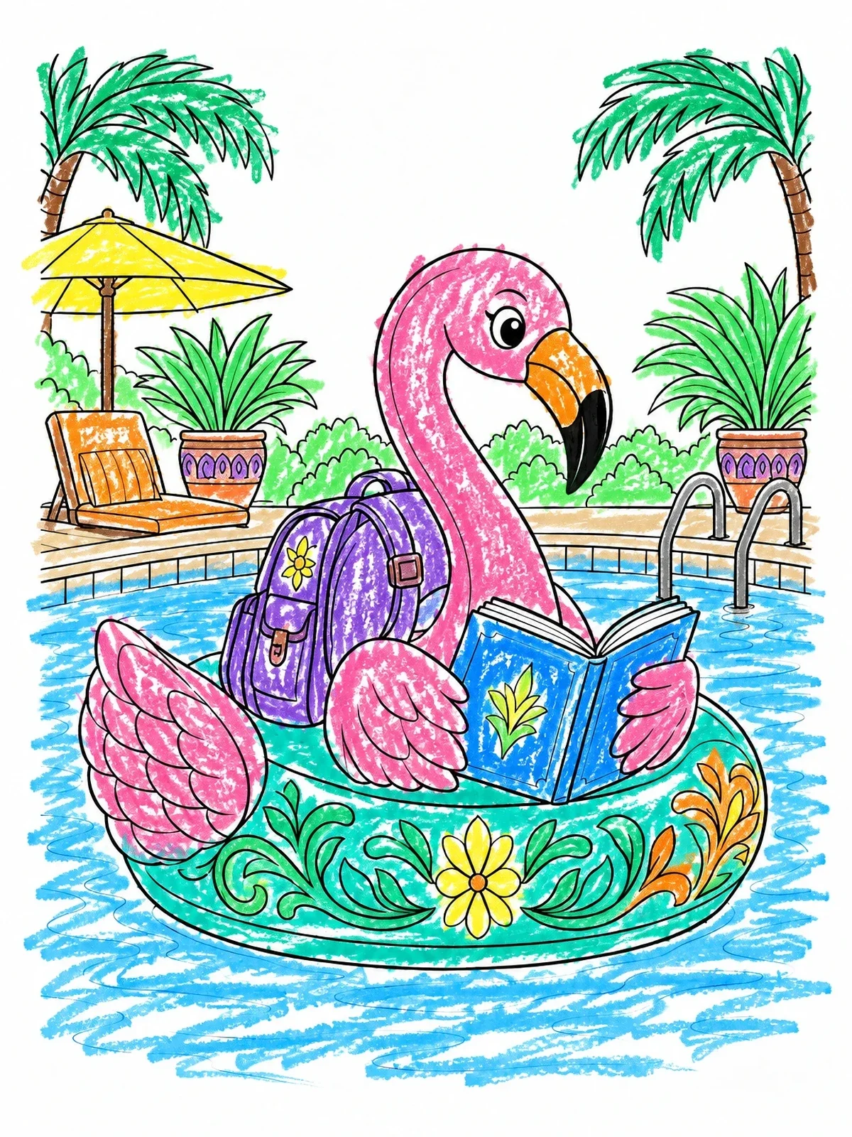 Colored example of the Flamingo Reading In Pool coloring page