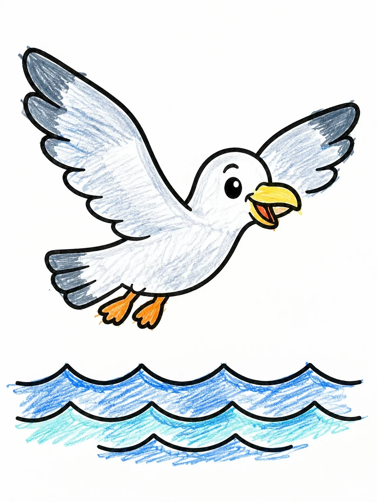 Colored example of the Happy Seagull Gliding Over Ocean Waves coloring page