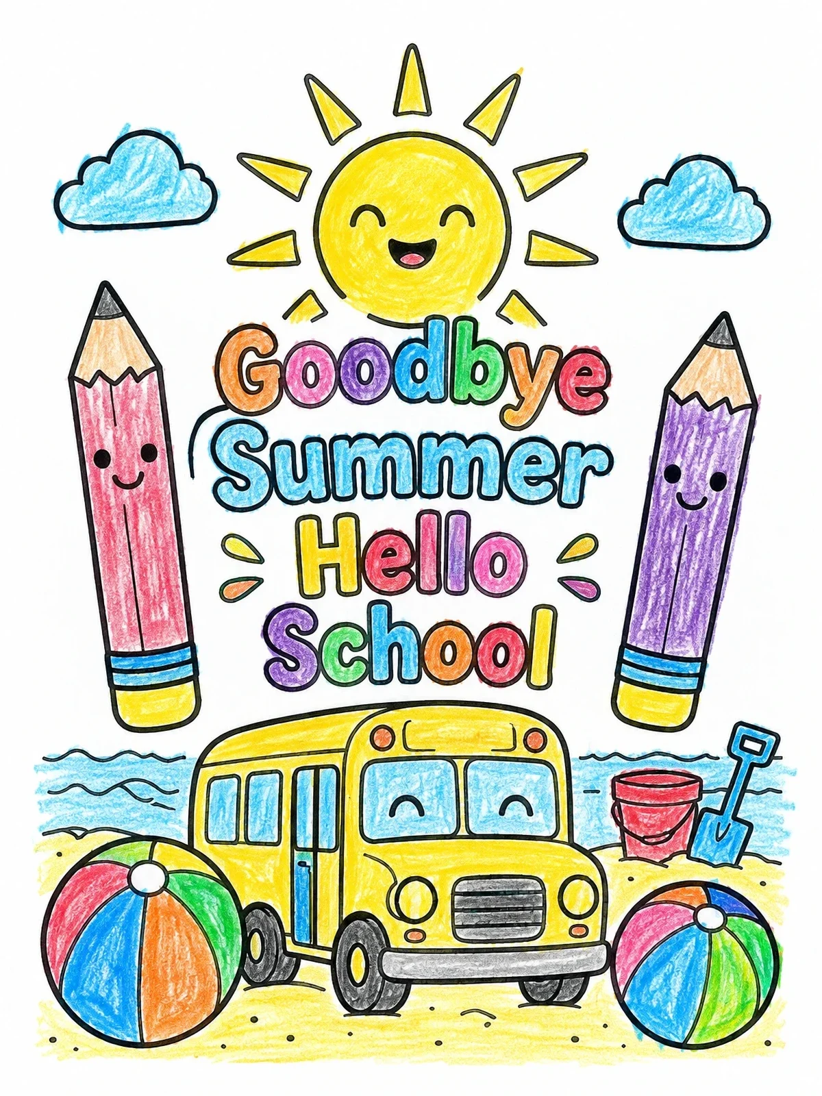 Colored example of the Goodbye Summer Hello School Celebration coloring page