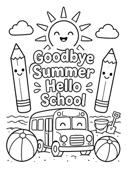 Free printable Goodbye Summer Hello School Celebration coloring page