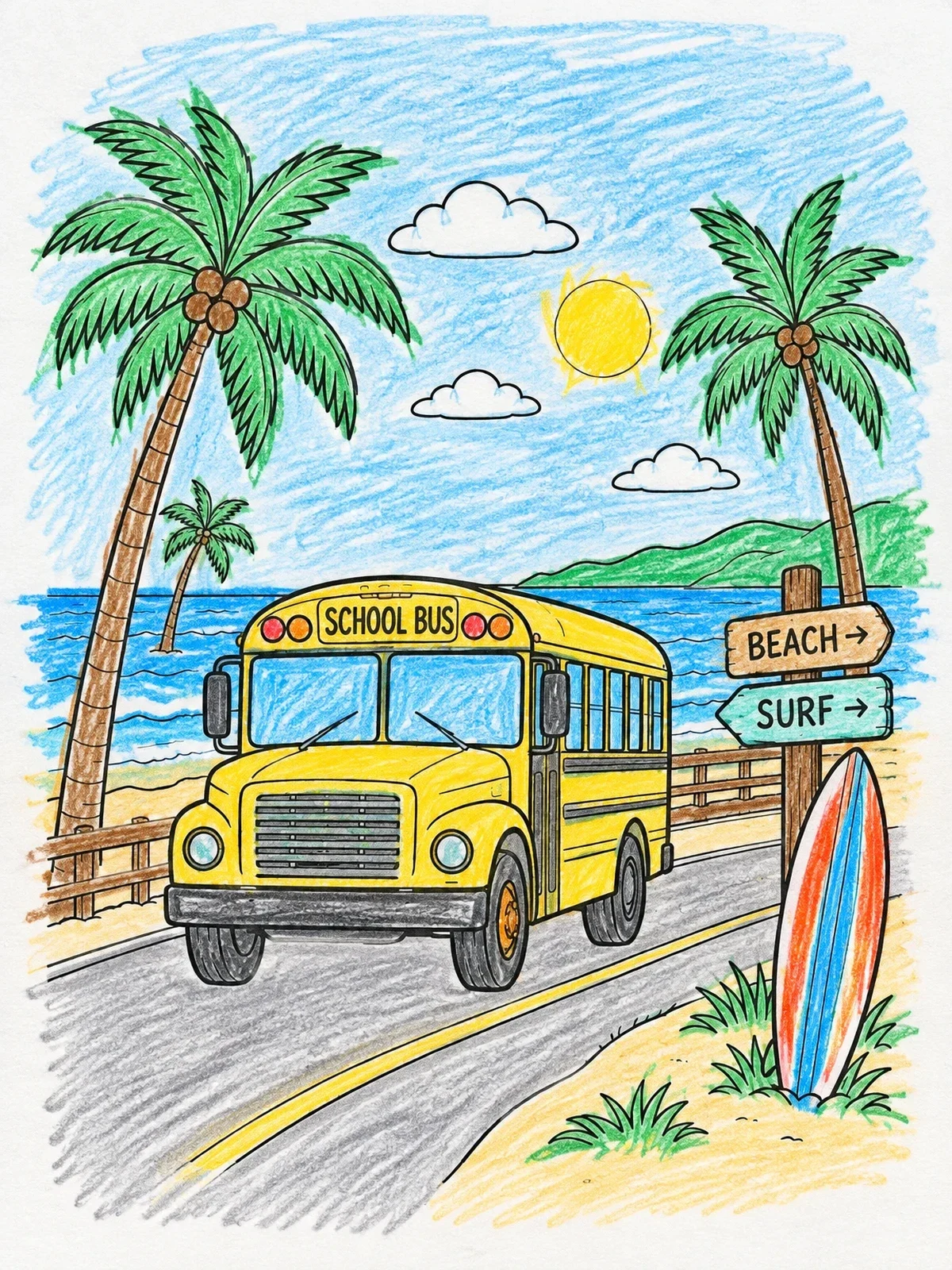 Colored example of the School Bus Along Coastal Road coloring page