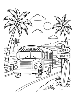 Free printable School Bus Along Coastal Road coloring page