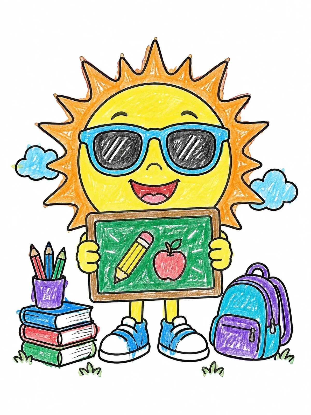 Colored example of the Smiling Sun Ready For School coloring page