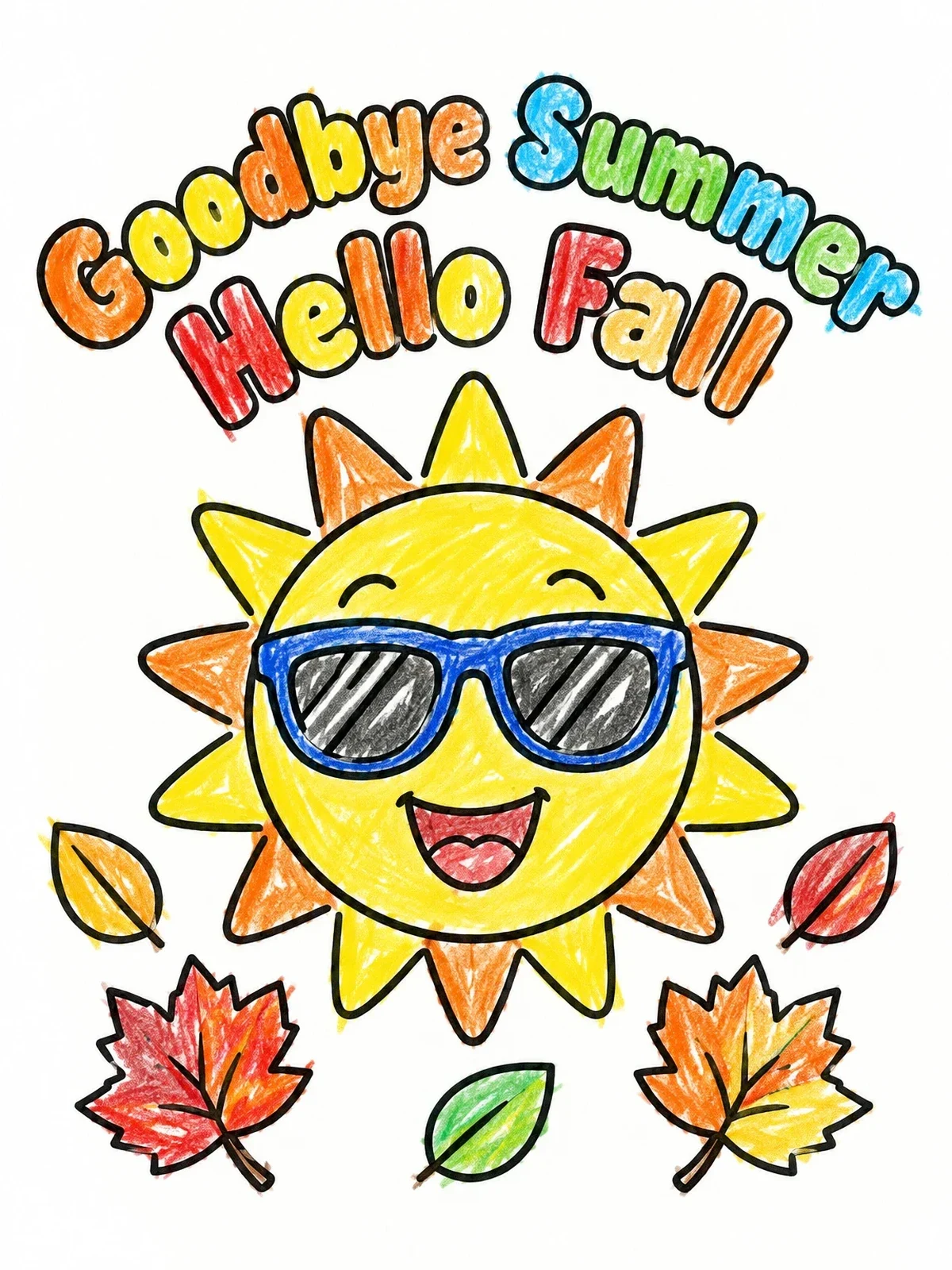 Colored example of the Smiling Sun With Fall Leaves coloring page