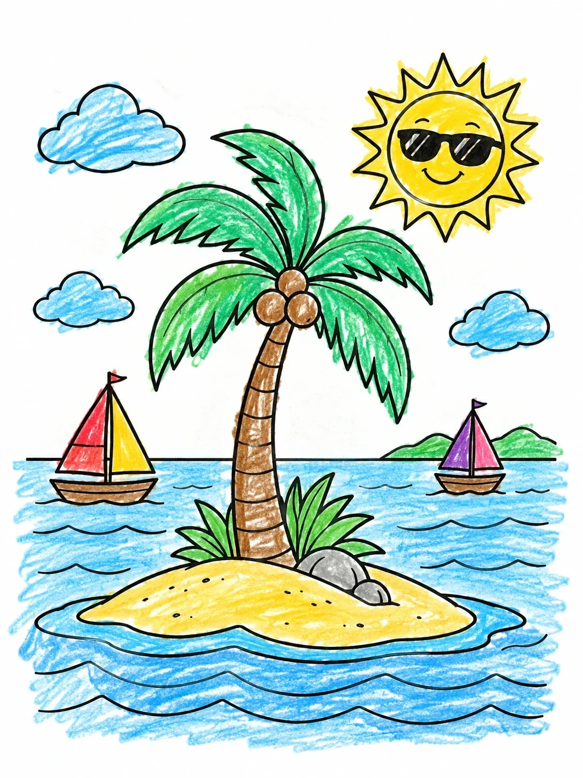 Colored example of the Sunny Tropical Island With Palm Tree coloring page
