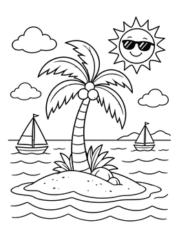 Free printable Sunny Tropical Island With Palm Tree coloring page
