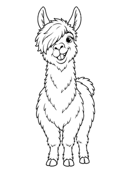 A funny faces coloring page featuring a silly smiling llama with buck teeth and side-swept bangs.