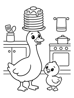 A cheerful goose balancing a plate of pancakes in this goose coloring page with a cute gosling.