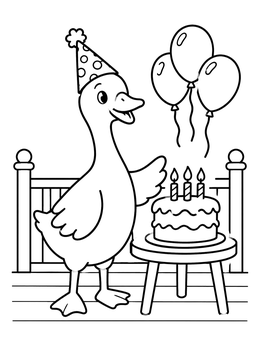 Free printable Goose With Birthday Cake And Balloons coloring page