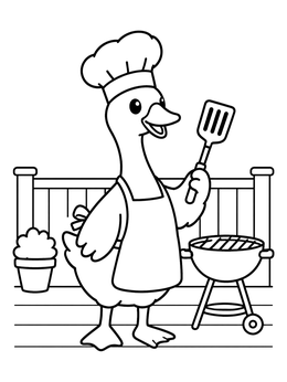 A cheerful goose coloring page showing a chef goose holding a spatula by a barbecue grill.