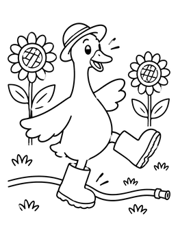 A cheerful goose coloring page with a cute goose in boots tripping over a garden hose.