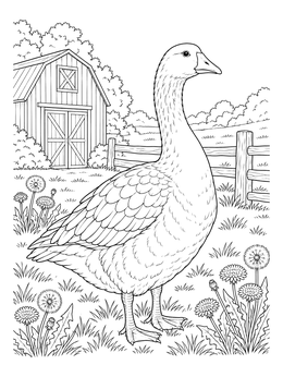 A goose coloring page showing a tall goose standing in a farmyard meadow near dandelions and a wooden barn.